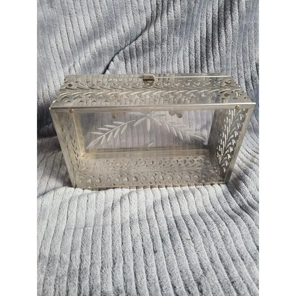 Vintage 1950s MCM clear etched floral Lucite & silver filigree chrome box purse